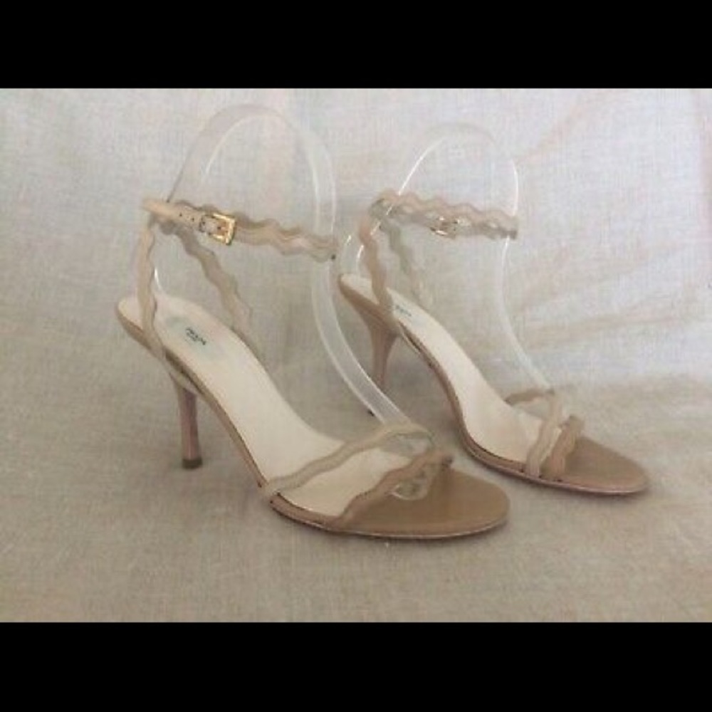 Prada Scalloped Sandals Tan Leather Ankle Strap